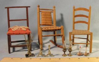 Antique Miniature Doll Chairs & Brass Fireplace Tools, Candlesticks 