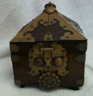 Antique Chinese Wooden Box Vintage Wood Brass Jewelry Trinket Box 