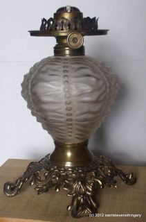 Antique Frosted Beaded Crinkle GWTW Kerosene Oil Lamp Aetna Burner 