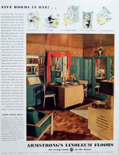 1937 Armstrong Linoleum Floors Green Orange Decor Study Den Sewing 