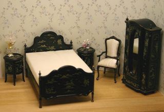 Artisan Handpainted Chinoise Bed and Nightstands Doll