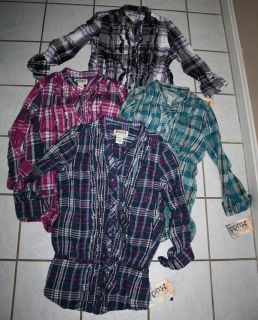 New Girls Mudd $28 Plaid Shirt w Ruffle Drop Waist Tie Var Colors 