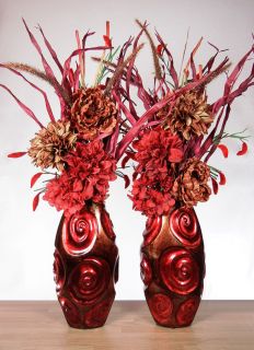 Set of Two Large Red and Bronze Swirl Floral Arrangements
