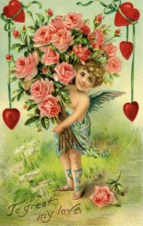 Valentine Postcard Embossed Roses and Hearts Held by A Child Angel 
