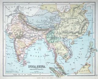 India Burma Thailand Malaysia China Antique Map C1875