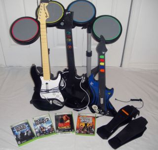 XBOX 360 Rock Band Bundle Complete with Drum Set, 3 Guitars, & 4 Games 