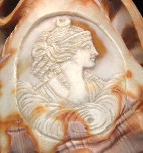   ANTIQUE HAND CARVED CONCH SHELL CAMEO GRECIAN MAIDEN MOON GODDESS #2