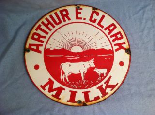 Old Arthur E. Clark Milk Dairy Porcelain Round Advertising Sign Jersey 