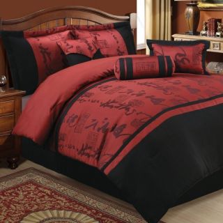   King Asian Oriental Chinese Black Burgundy Comforter Bed Set