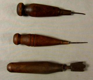   Antique Leather Tools Cobbler Creaser 2 Awls w Turned Wood Handles NR
