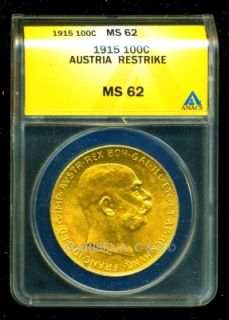 1915 AUSTRIA GOLD COIN 100 CORONA * ANACS CERT GENUINE MS 62 SCARCE 