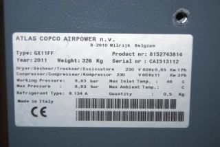 Atlas Copco 15HP Rotary Screw Air Compressor and Dryer GX11FF