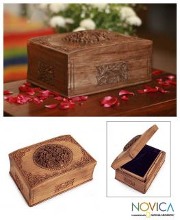 Tree of Life Jewelry Box Hand Carved Walnut SM Chest India Artist 