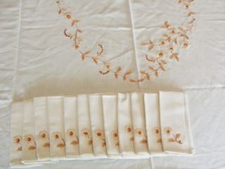   Embroidered Ecru Linen 66x108 Tablecloth Set 12 Napkins 16