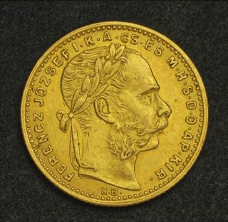 1885 Hungary Franz Josef Gold 20 Francs 8 Forint Coin XF