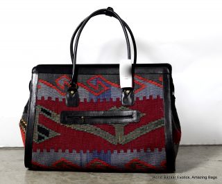 Large Travel Hand Bag Old Kilim w Top Quality Leather Handmade in 