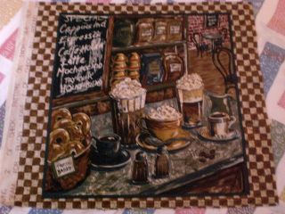 Coffee Shop Cafe Bagels Beans Pillow Panel Fabric Lot C