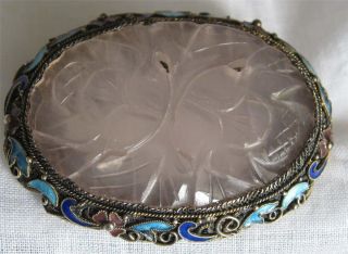 Silver Enameled Chinese Pin Carved Stone Jade Rose Quartz