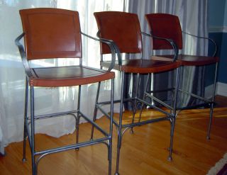   of Three 3 Wrought Iron Medium Brown Leather Bar Chairs Stools
