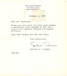 Barbara w Tuchman Typed Letter Signed 01 03 1974