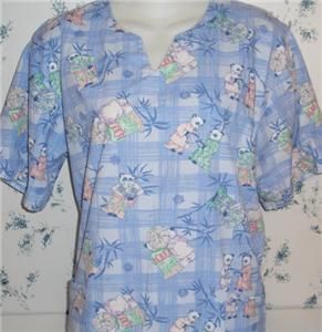 Barco Panda Bear Print Nurse Vet Medical Uniform Scrub Top Shirt 