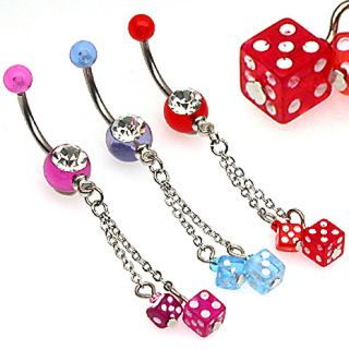 UV DICE & CHAIN DANGLE BELLY NAVEL RING CLEAR CZ GEM BUTTON PIERCING 