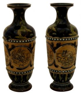   Pair of RARE Lambeth Vases with Panels of Mice  Barlow