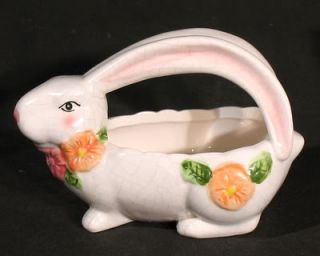 Lot 2 Figural Easter Bunny Rabbit Baskets Handled Bowls w Pansy Floral 