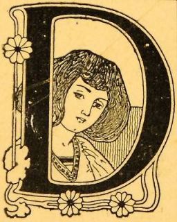 1921 Art Nouveau Initial Cap Letter D Face Lithograph   ORIGINAL