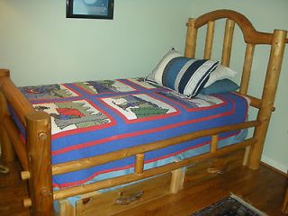 Log twin bed, beetle marked lodge pole pine drawers, & night stand