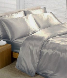 3PCS NEW SOFT TWIN SILVER GREY GRAY SILK~Y SATIN FLAT, FITTED SHEET 