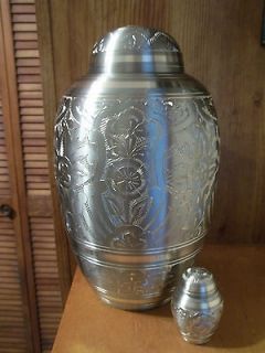 Adult Brass Urn~Pewter & Gold Engraved Urn & Mini Urn Keepsake~216 lbs