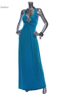 New W/O Tag CACHE Women Empier Jewel Halter Maxi Dress Turquoise Blue 