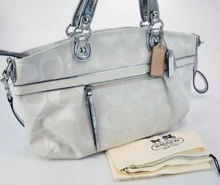 Coach Womens Handbag White Silver Jacquard Metallic Rocker Tote Bag 