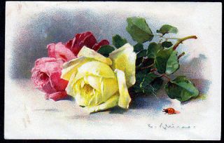 S8626 Catherine Klein Artist Signed Postcard   Yellow/ Red Roses 