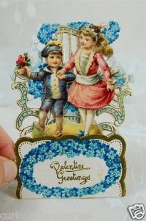 Antique Victorian Valentine Diecut Pop up Harp & Dove Aqua Gold c1900 