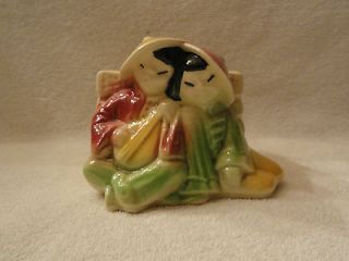 Vintage USA Pottery planter Asian Couple Boy singing to Girl Glossy 
