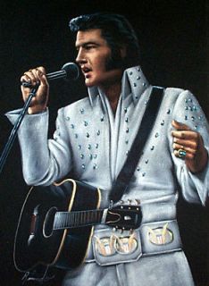 New Hand Painted 24x18 Velvet Elvis Presley White Jump Suit w/Guitar 