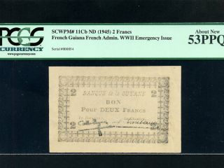 French GuianaP 11Cb,2 Francs,1945 * RARE * Guyane * AUNC * Low Serial 