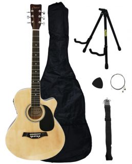 NEW ADULT Crescent NATURAL Electric Acoustic Guitar+Acc+STAND