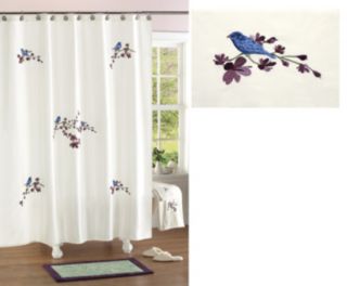 Floral Birds Botanical Embroidery Purple White Fabric Luxury Shower 