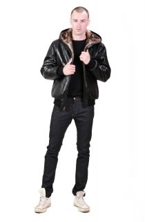 United Face Mens New Black Lambskin Leather Hooded Reversible Jacket 