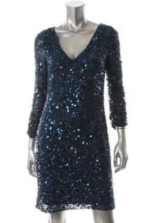 Aidan Mattox New Blue Ruched Sleeves Fully Sequined Cocktail Evening 