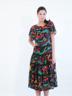 Vtg 80s Albert Nipon Colorful Sheer Silk Lace Dress M
