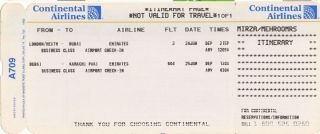 Scarce Continental Airlines USA E Ticket or Boarding Pass Unused 