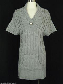 ALBERTO MAKALI Sweater Dress Sz L Gray Cable Knit Shawl Collar Pocket 