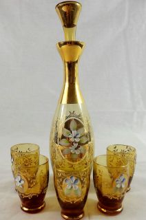 VTG Murano Glass Amber Decanter 5 Glasses Gold Gilded Hand Painted 