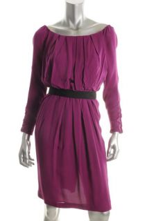 Anne Klein New Purple Silk Off The Shoulder Ruched Sleeve Belted 