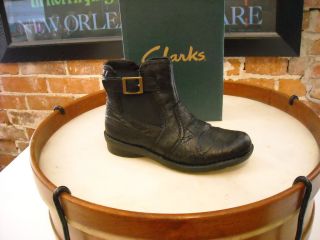 Clarks Black Crinkled Leather Nikki South Buckle Ankle Boot NEW