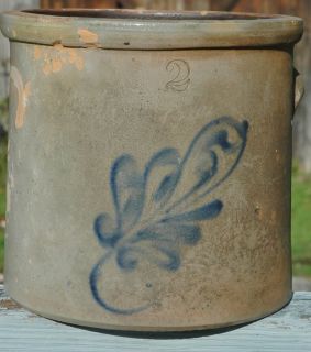 Antique Stoneware 2 Gallon Crock with Cobalt Leaf